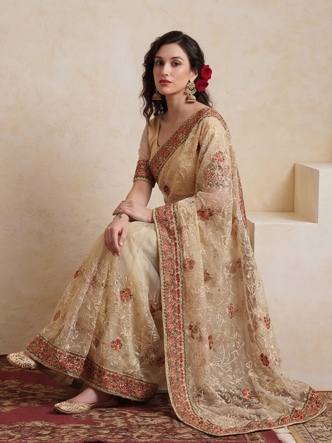 Floral Embroidered Net Party Wear Saree