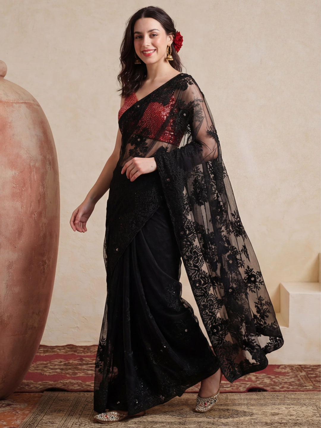 Embroidered Net Party Wear Black Saree