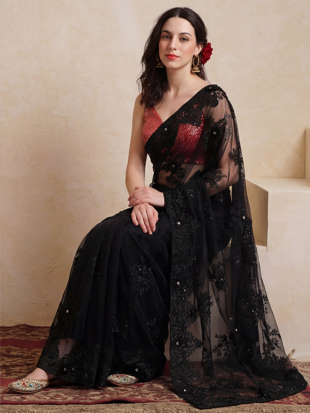 Embroidered Net Party Wear Black Saree