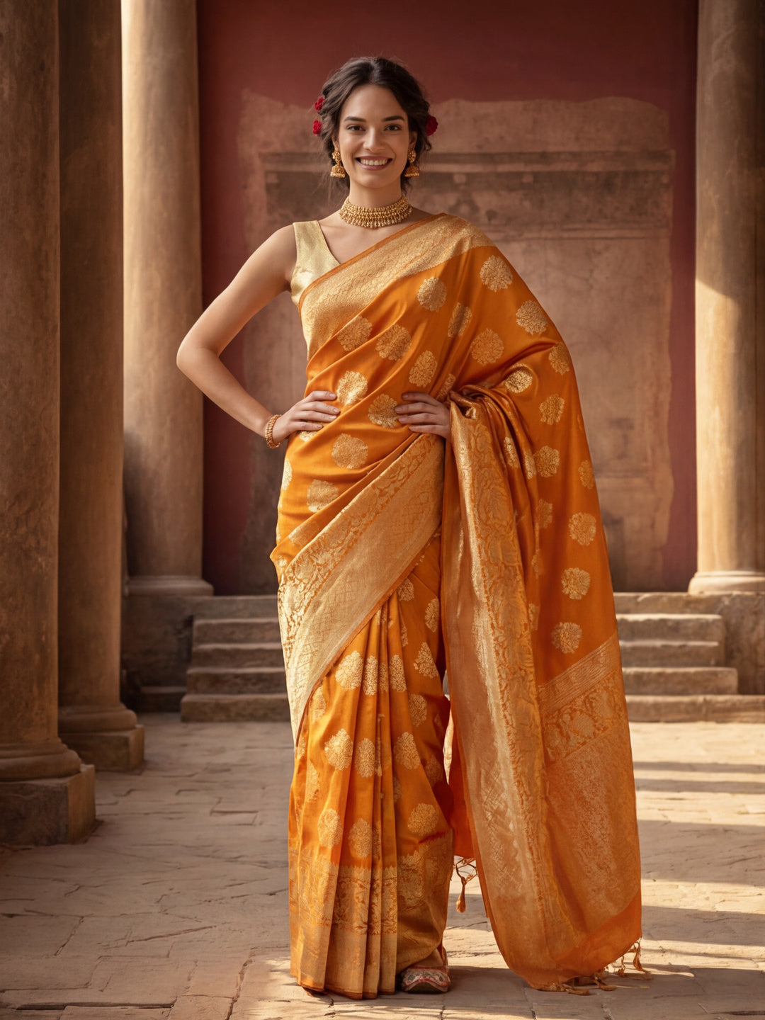 Women's Designer Weaving Work Orange Saree