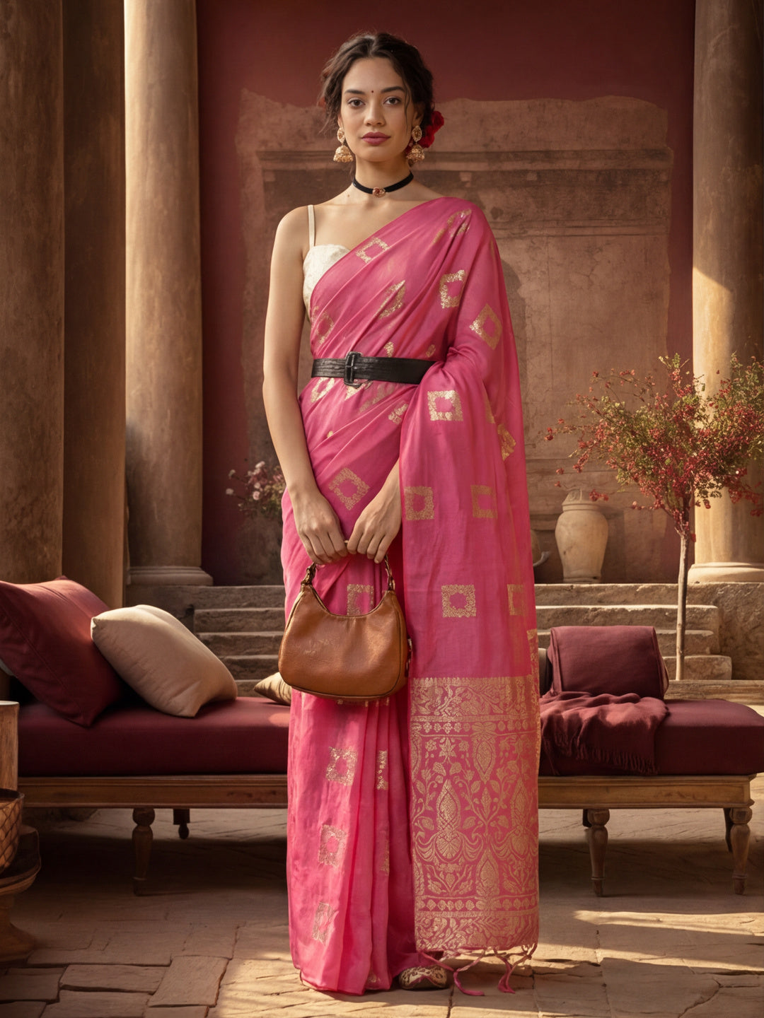 Charming Pink Weaving Cotton Blend Saree