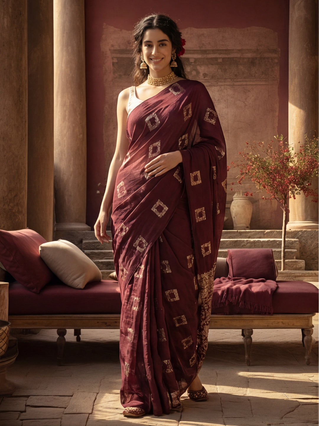 Elegant Wine Weaving Cotton Blend Saree