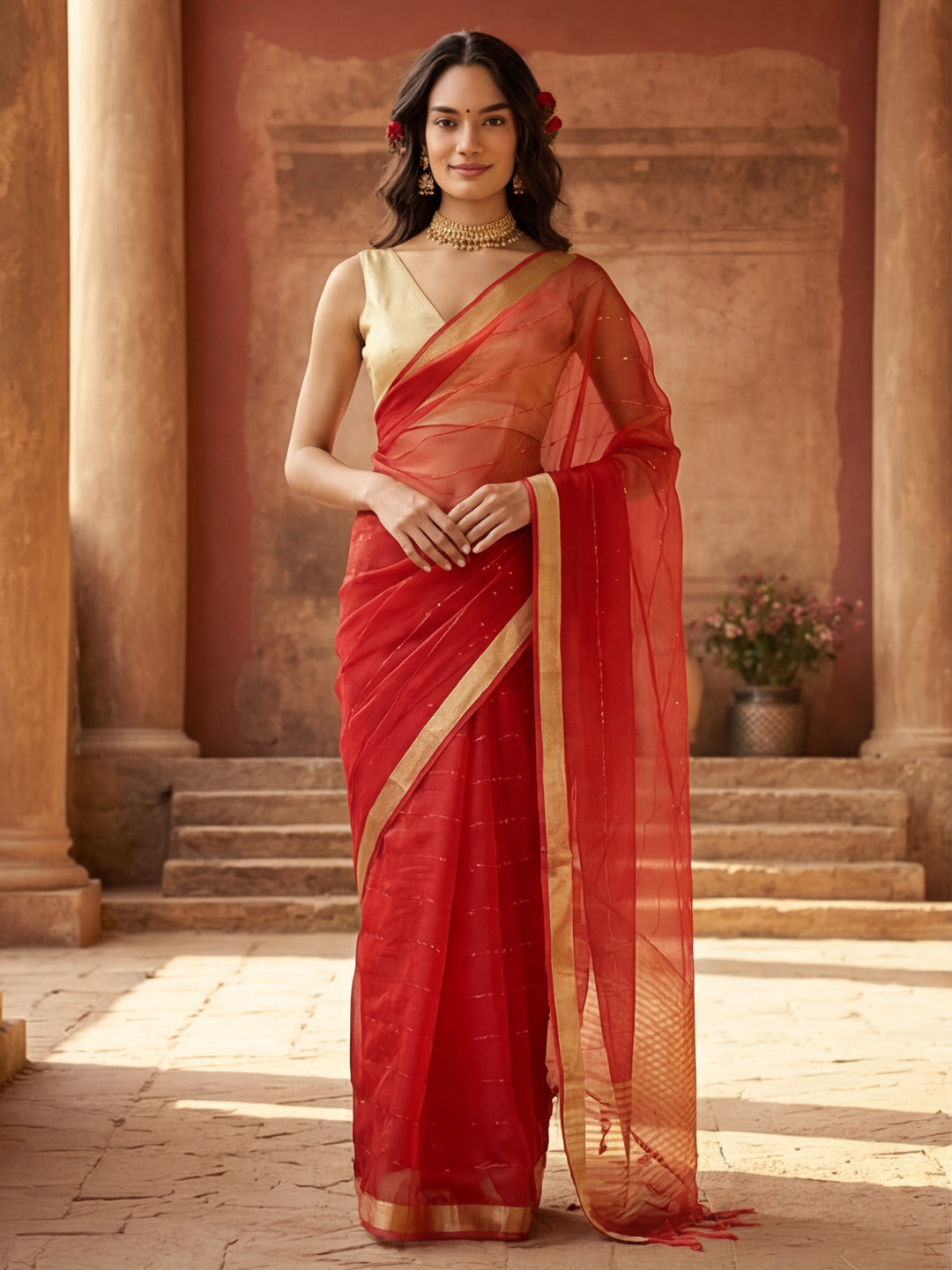 Women's Red Organza Silk Weaving Work Saree