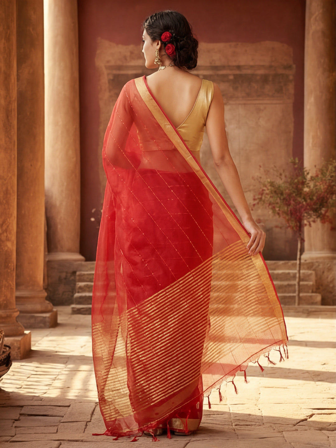 Women's Red Organza Silk Weaving Work Saree