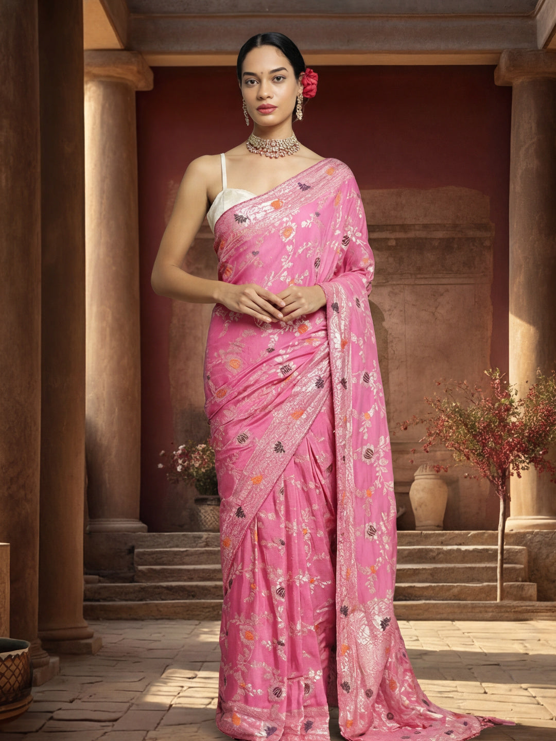 Women's Pink Jacquard Weaving Work Saree