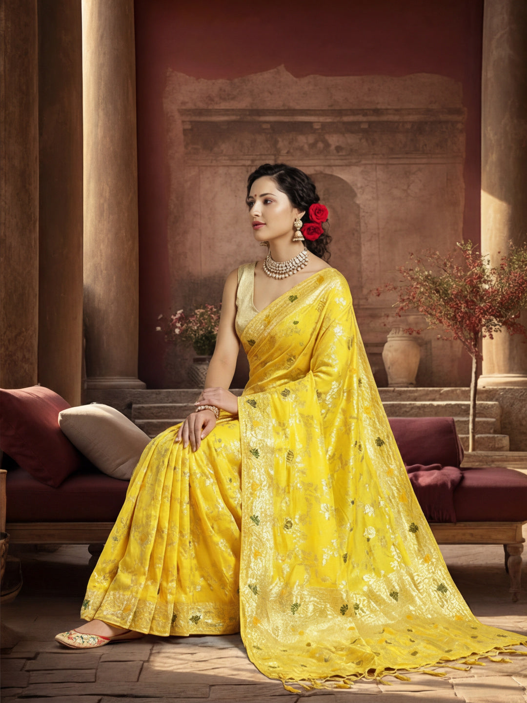 Silk Banarasi Floral Zari Woven Design Yellow Saree