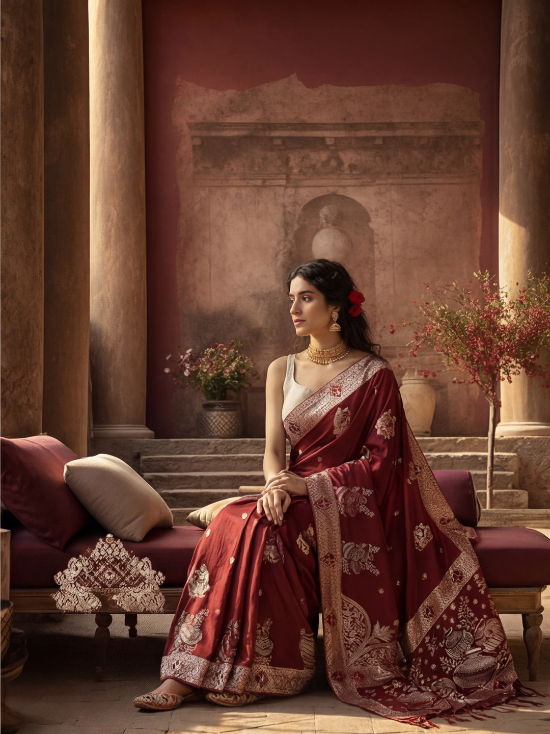 Women's Maroon Jacquard Weaving Work Saree