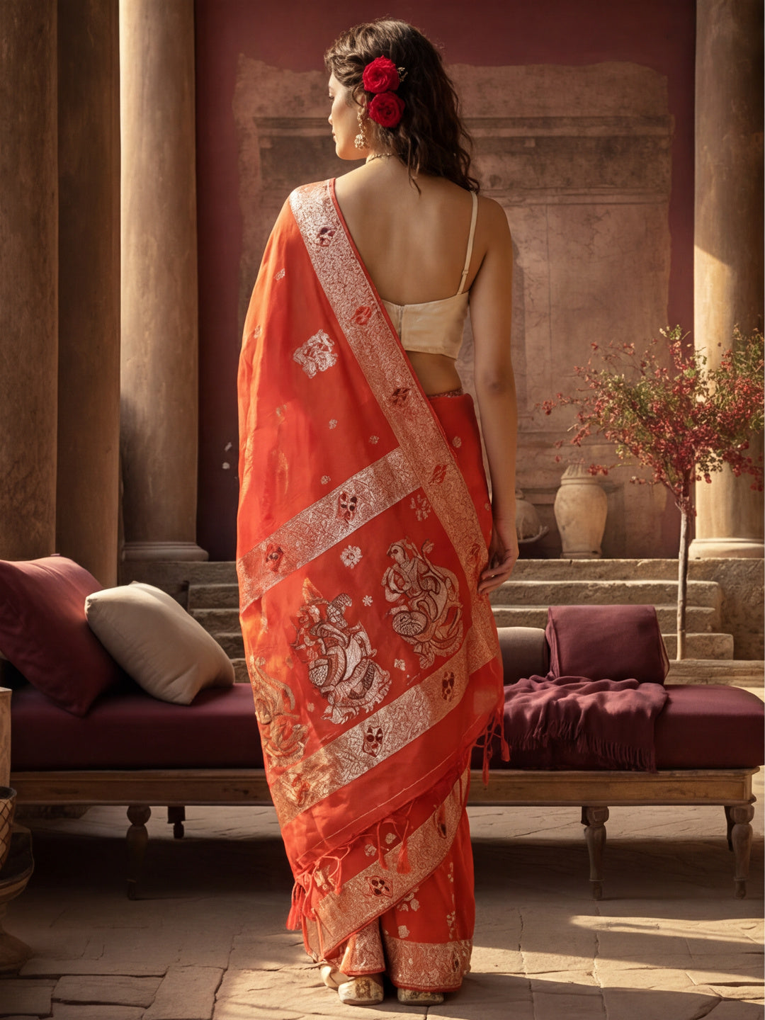 Women's Orange Jacquard Weaving Work Saree