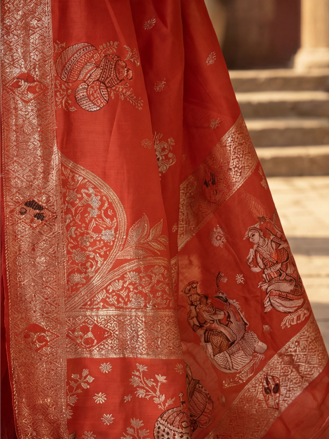 Women's Orange Jacquard Weaving Work Saree