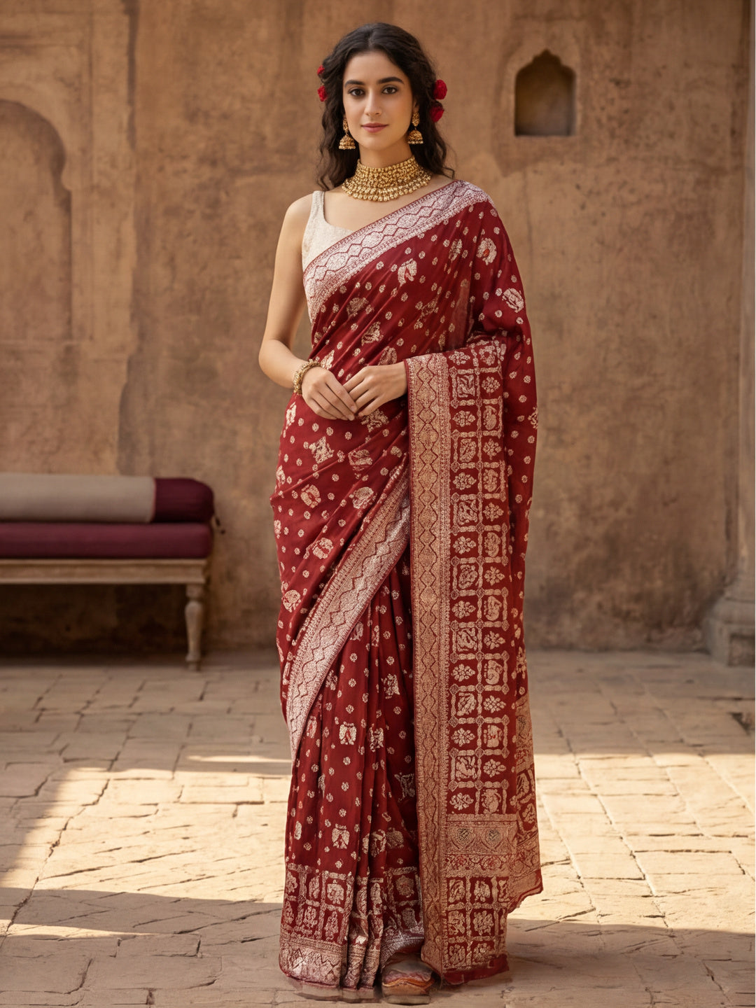 Women's Maroon Jacquard Weaving Work Saree