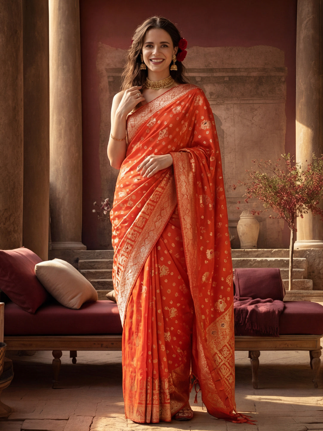Women's Orange Jacquard Weaving Work Saree