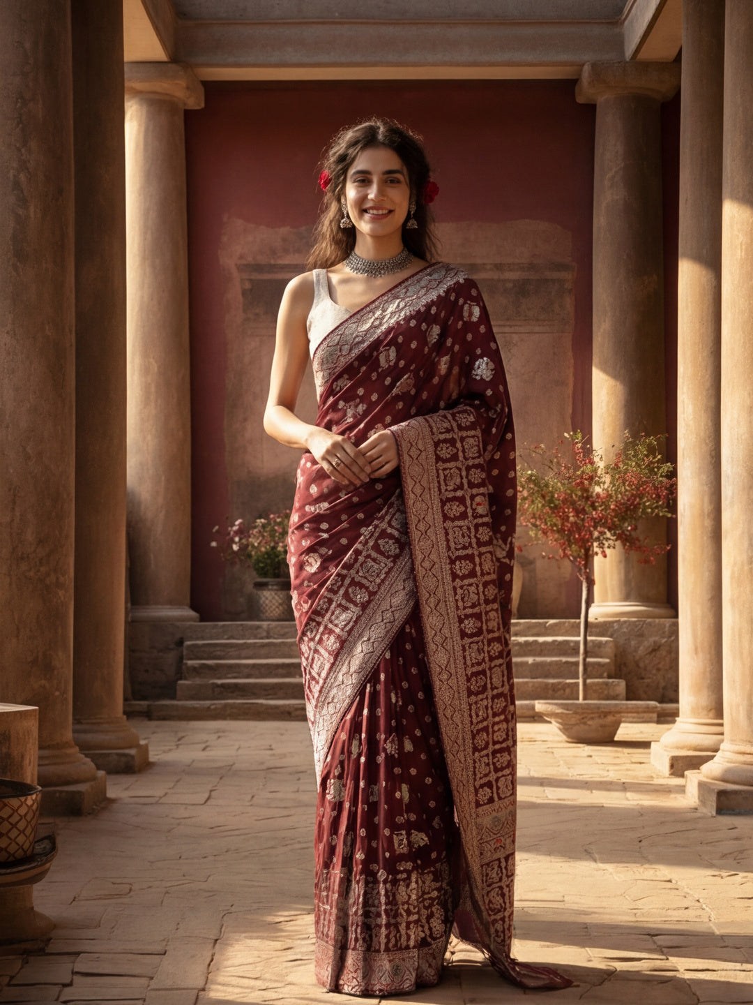 Women's Wine Jacquard Weaving Work Saree