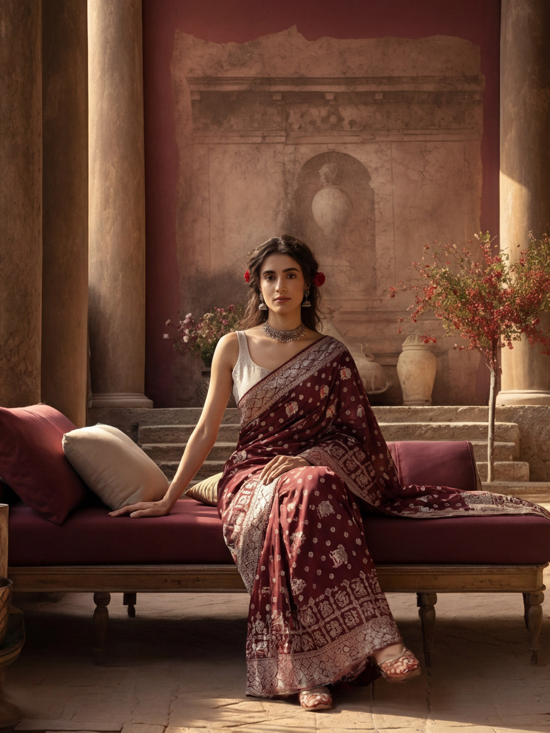 Women's Wine Jacquard Weaving Work Saree
