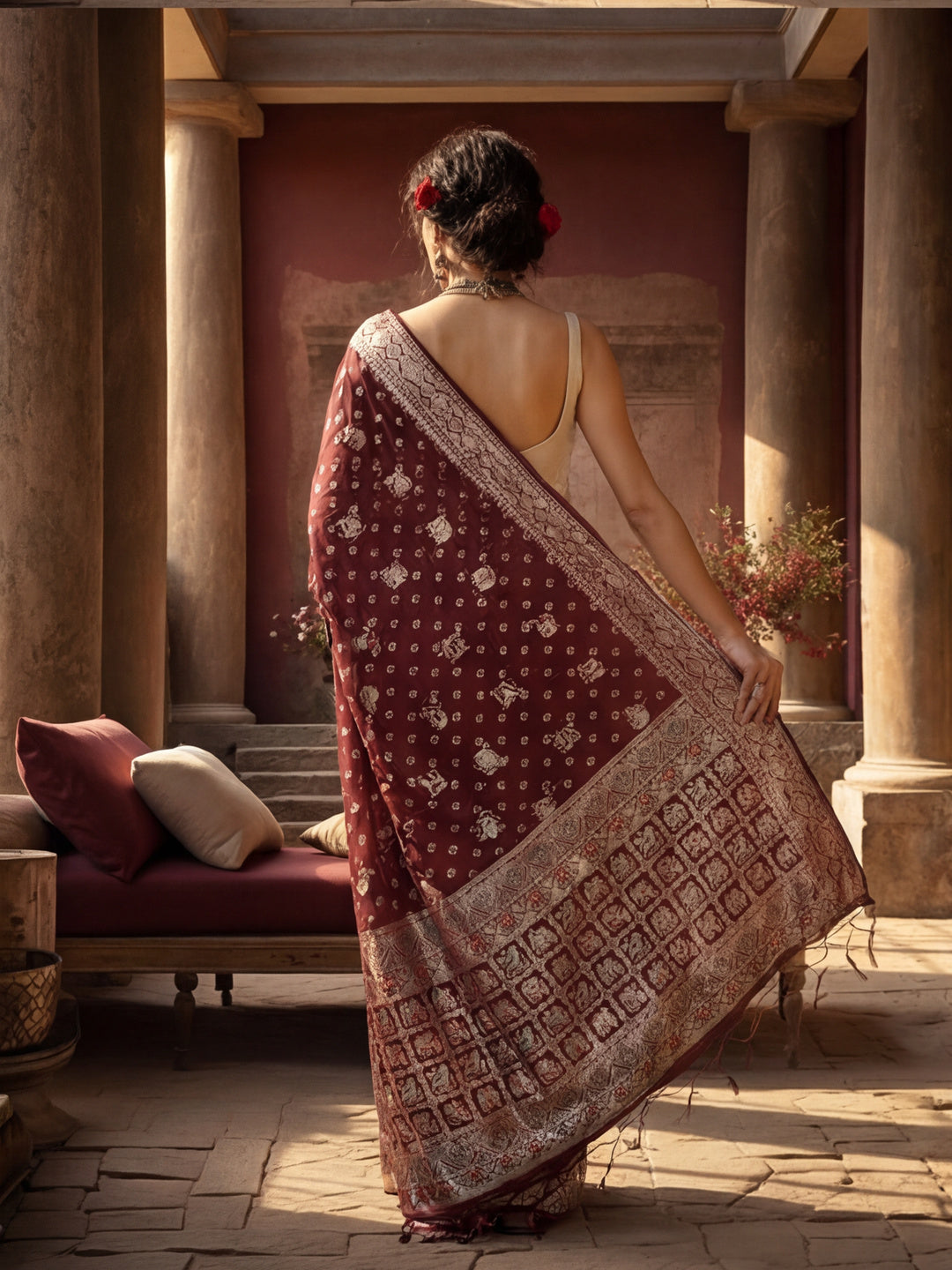 Women's Wine Jacquard Weaving Work Saree
