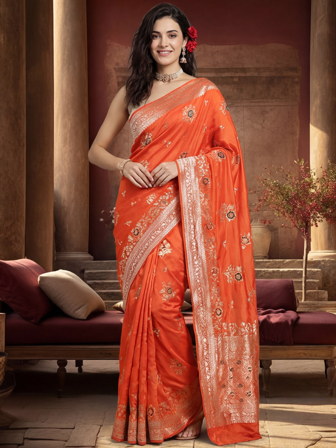 Women's Orange Jacquard Weaving Work Saree