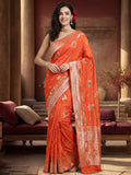 Women's Orange Jacquard Weaving Work Saree