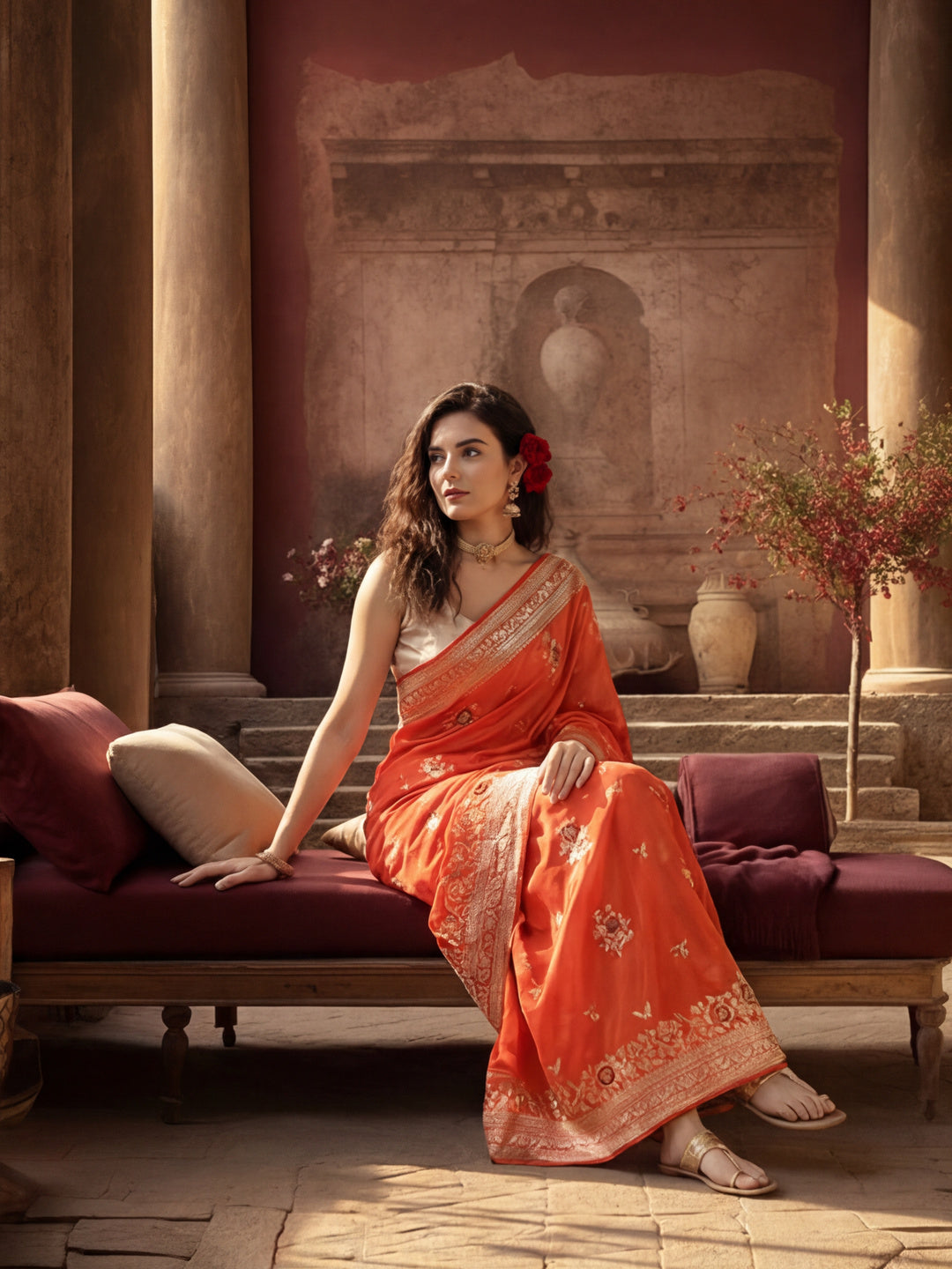 Women's Orange Jacquard Weaving Work Saree