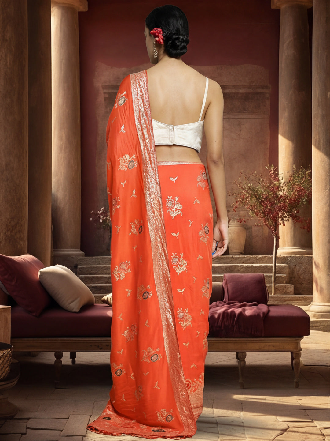 Women's Orange Jacquard Weaving Work Saree