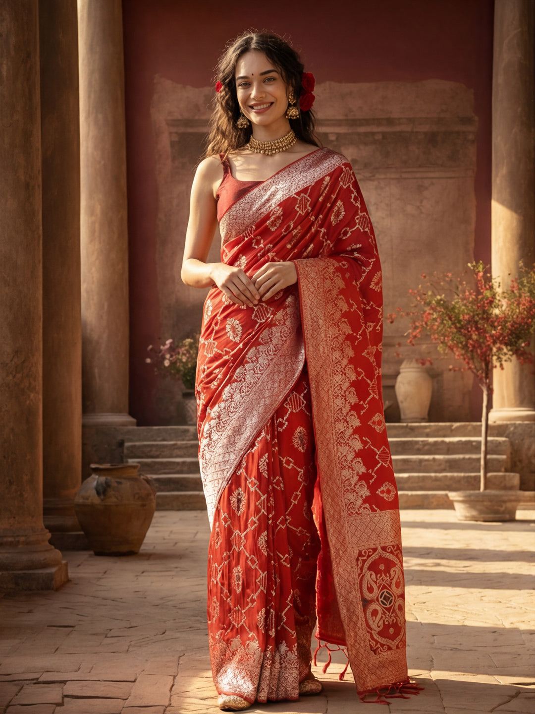 Women's Red Jacquard Weaving Work Saree