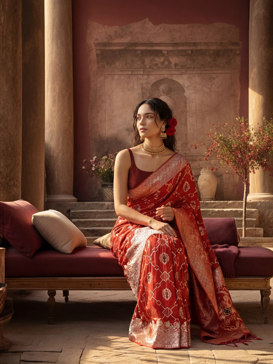 Women's Red Jacquard Weaving Work Saree