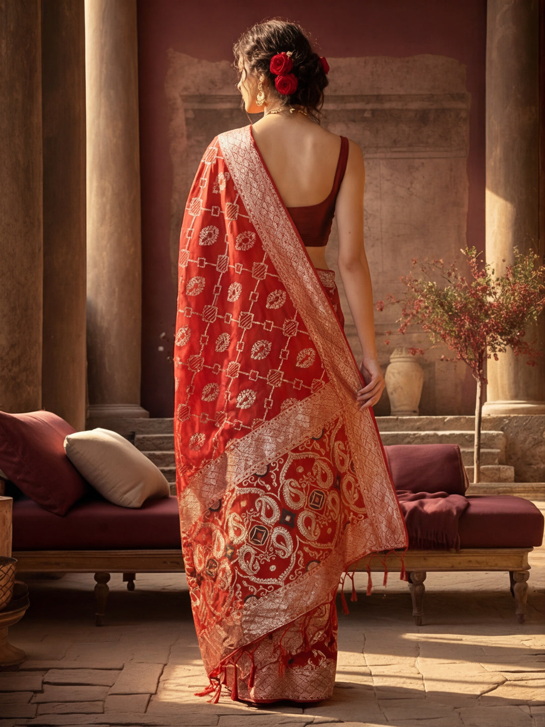 Women's Red Jacquard Weaving Work Saree