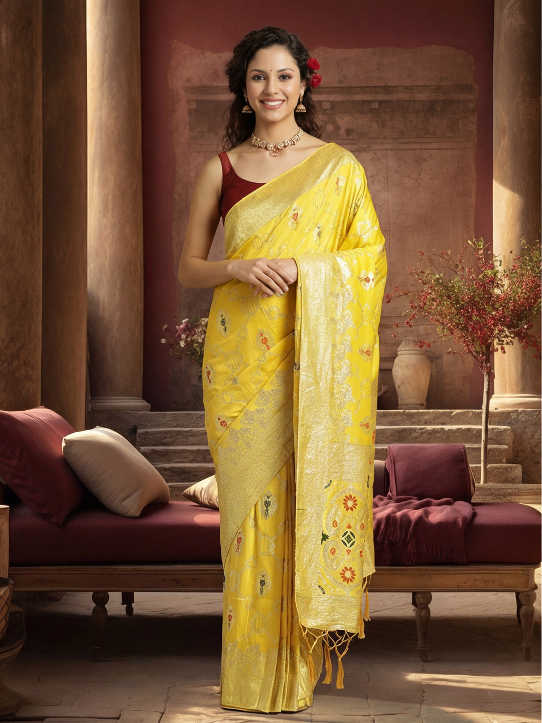 Party Wear Silk Banarasi Floral Zari Woven Design Saree