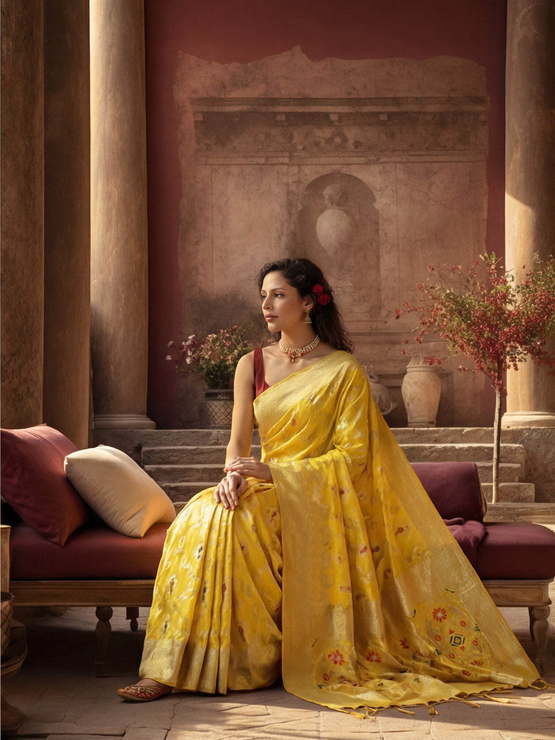 Party Wear Silk Banarasi Floral Zari Woven Design Saree