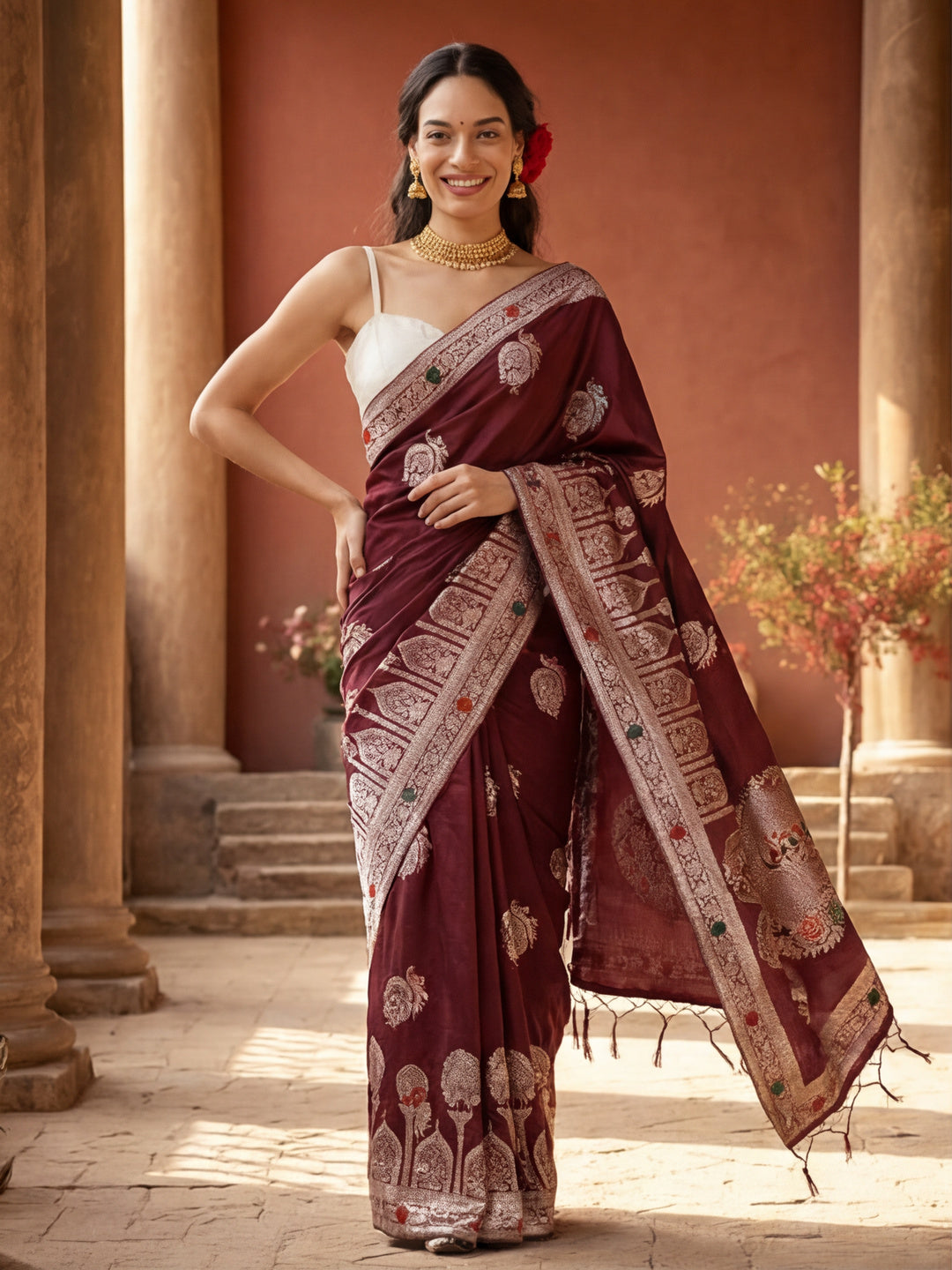 Women's Maroon Jacquard Weaving Work Saree