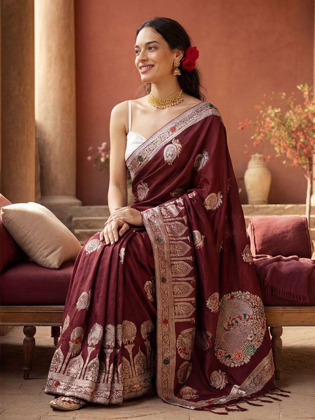 Women's Maroon Jacquard Weaving Work Saree