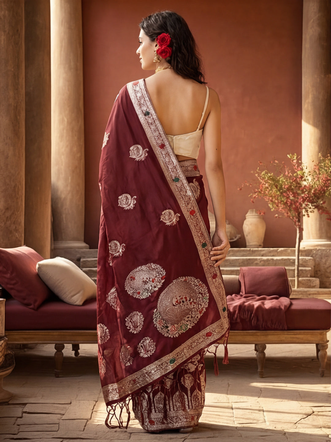 Women's Maroon Jacquard Weaving Work Saree