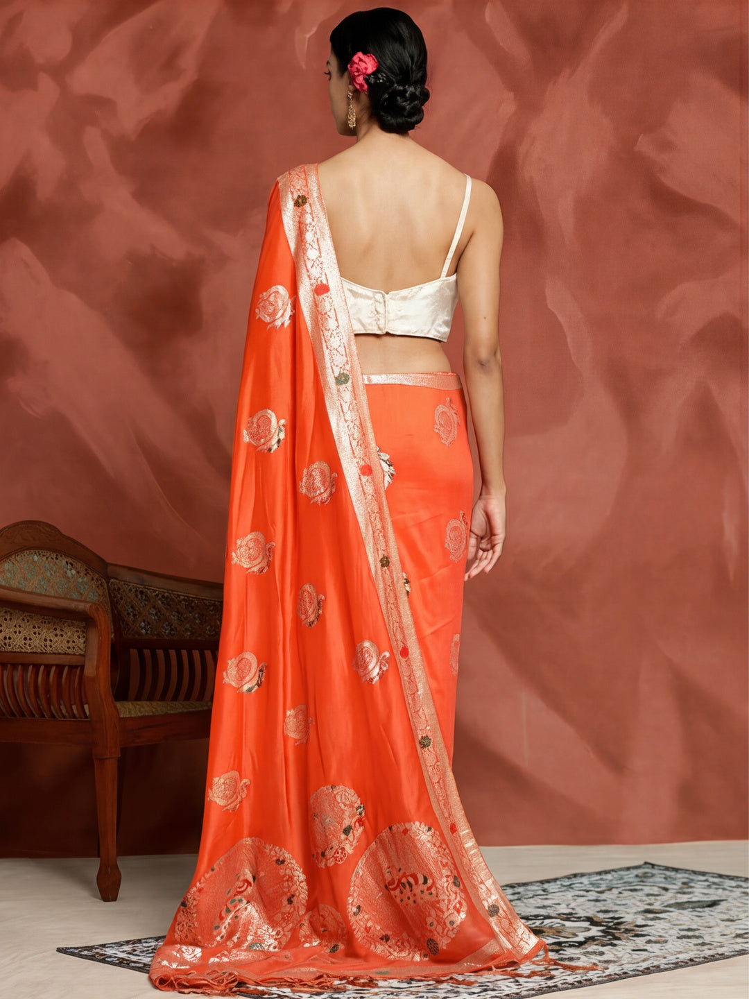Women's Orange Jacquard Weaving Work Saree