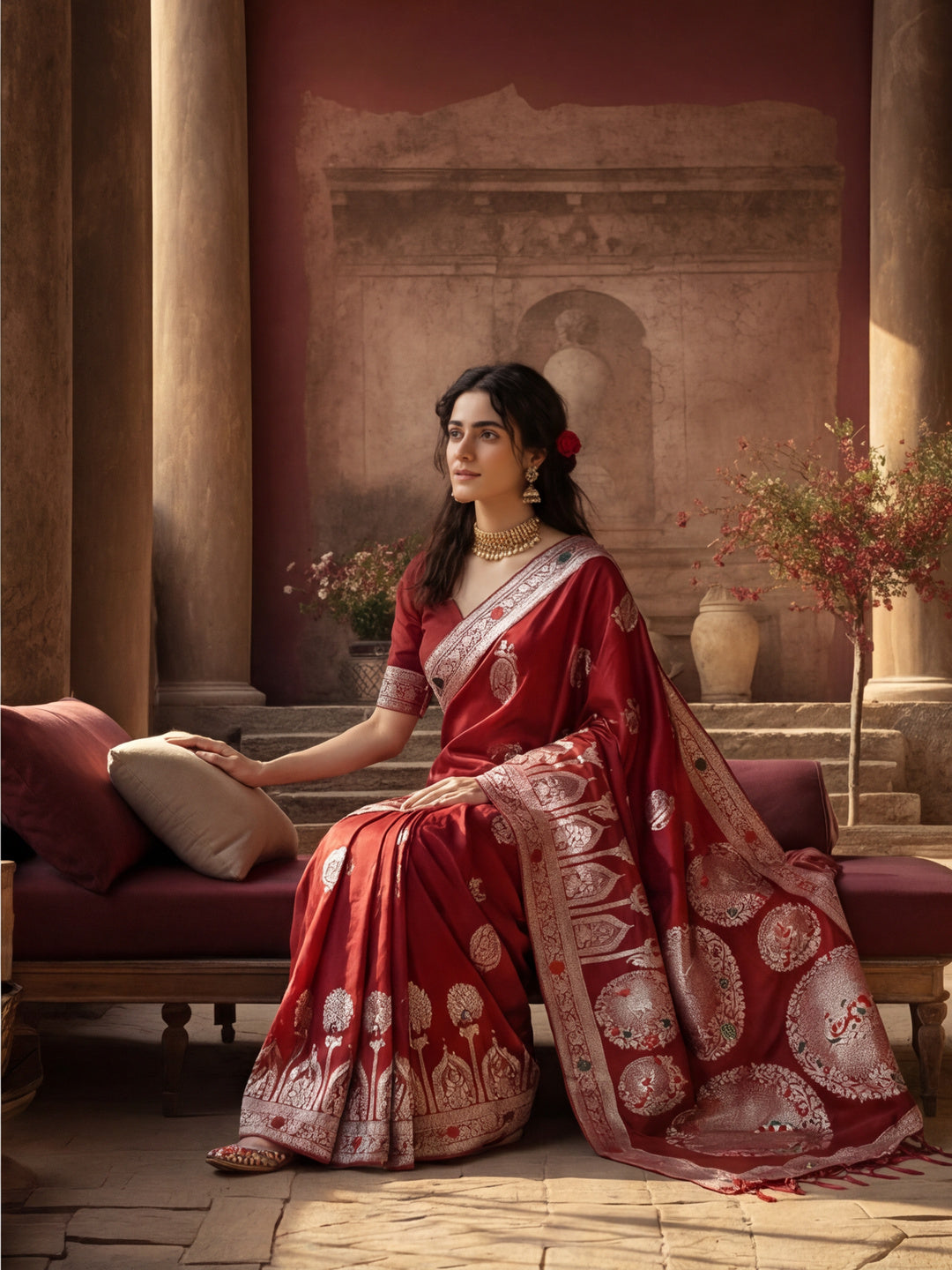 Women's Red Jacquard Weaving Work Saree