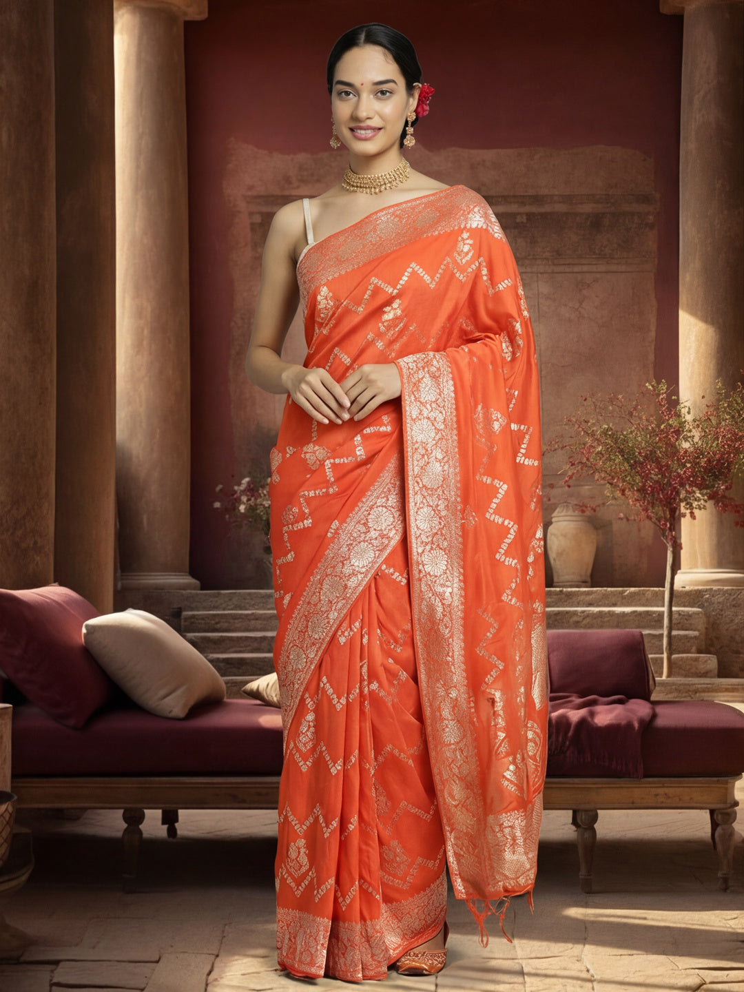Women's Orange Staple Jacquard Dola Weaving Work Saree