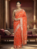 Women's Orange Staple Jacquard Dola Weaving Work Saree