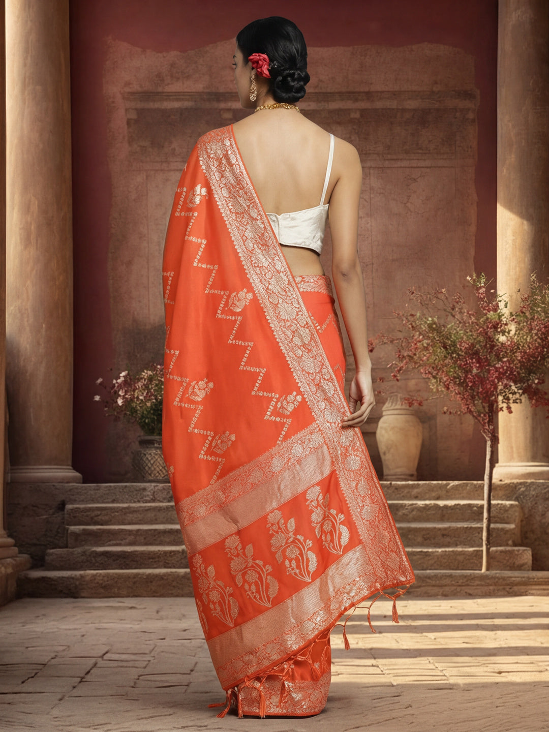 Women's Orange Staple Jacquard Dola Weaving Work Saree