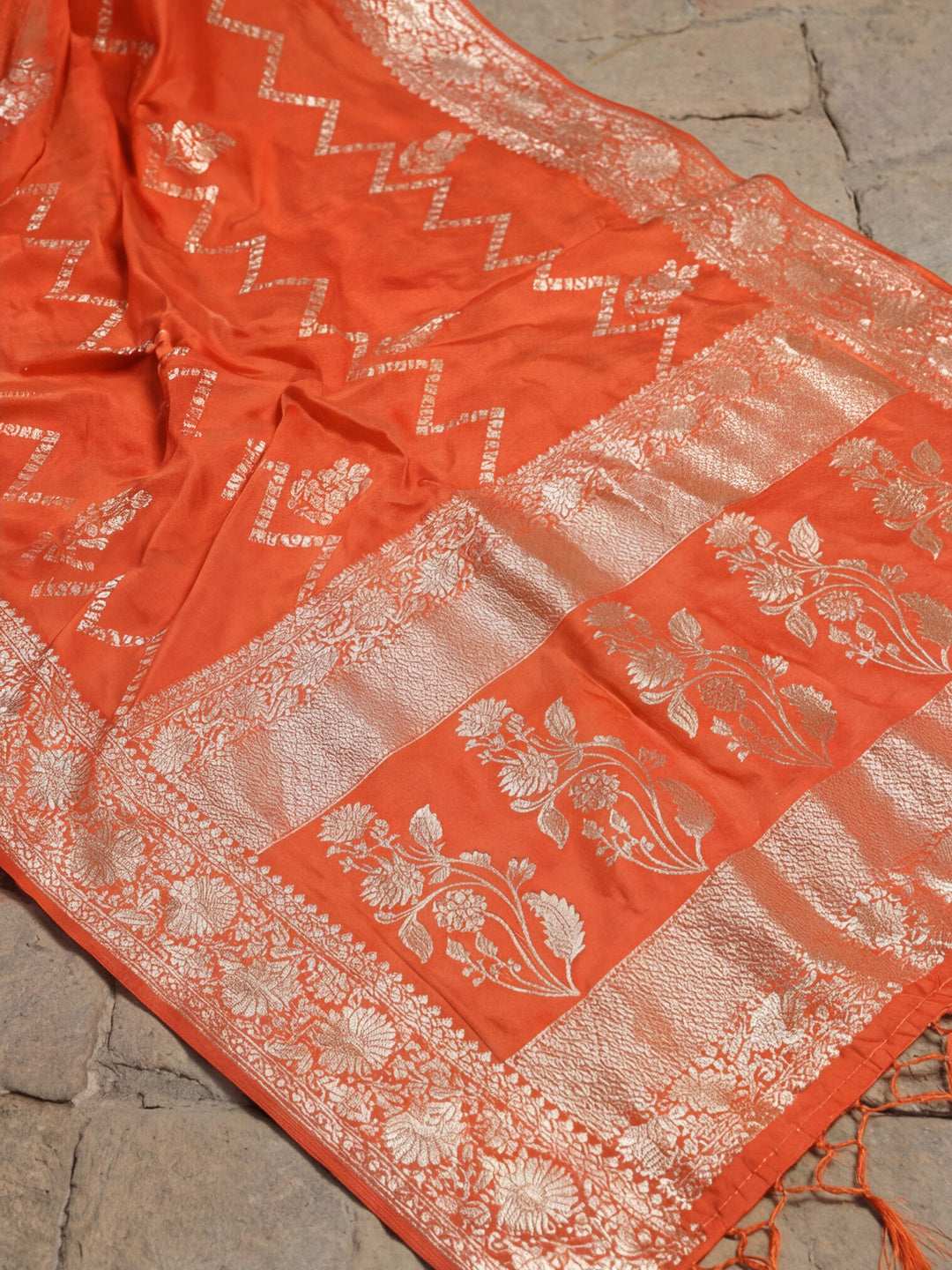 Women's Orange Staple Jacquard Dola Weaving Work Saree