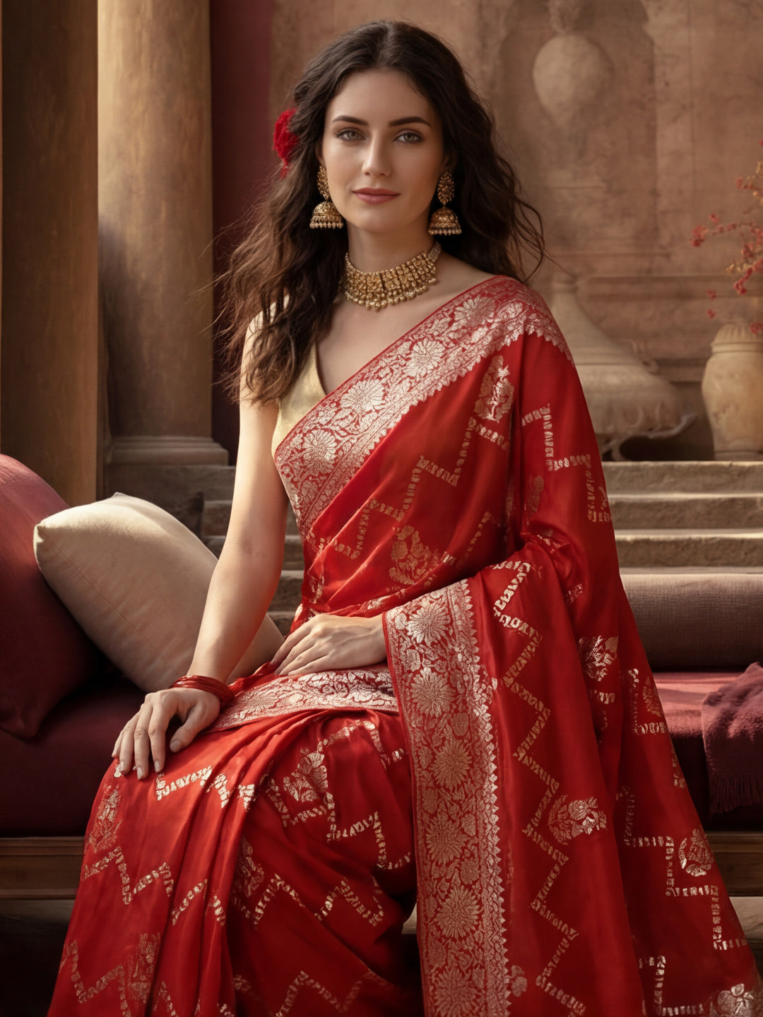 Women's Red Staple Jacquard Dola Weaving Work Saree
