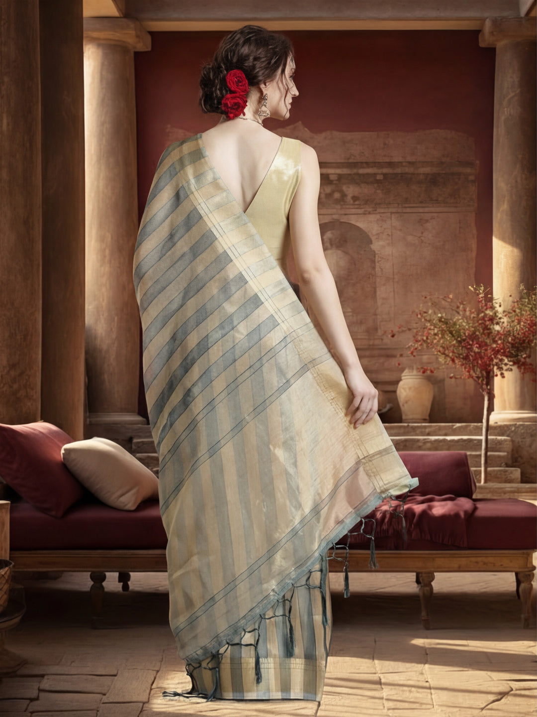 Striped Embellished Banarasi Organza Saree