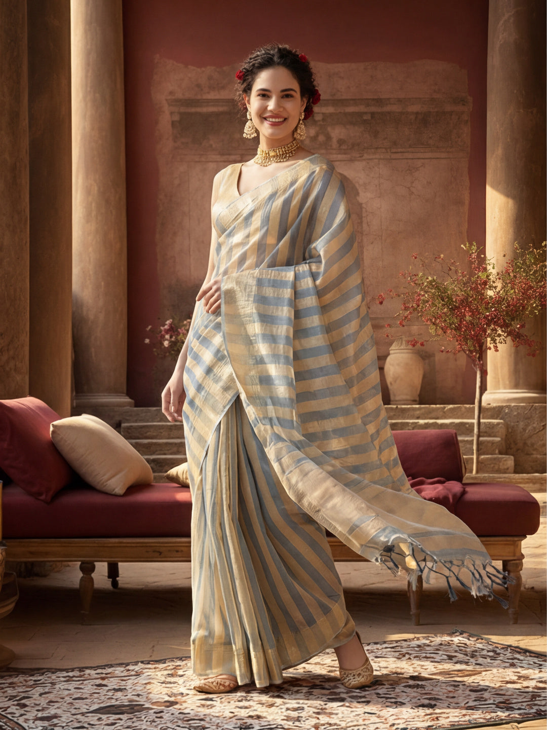 Striped Embellished Banarasi Organza Saree