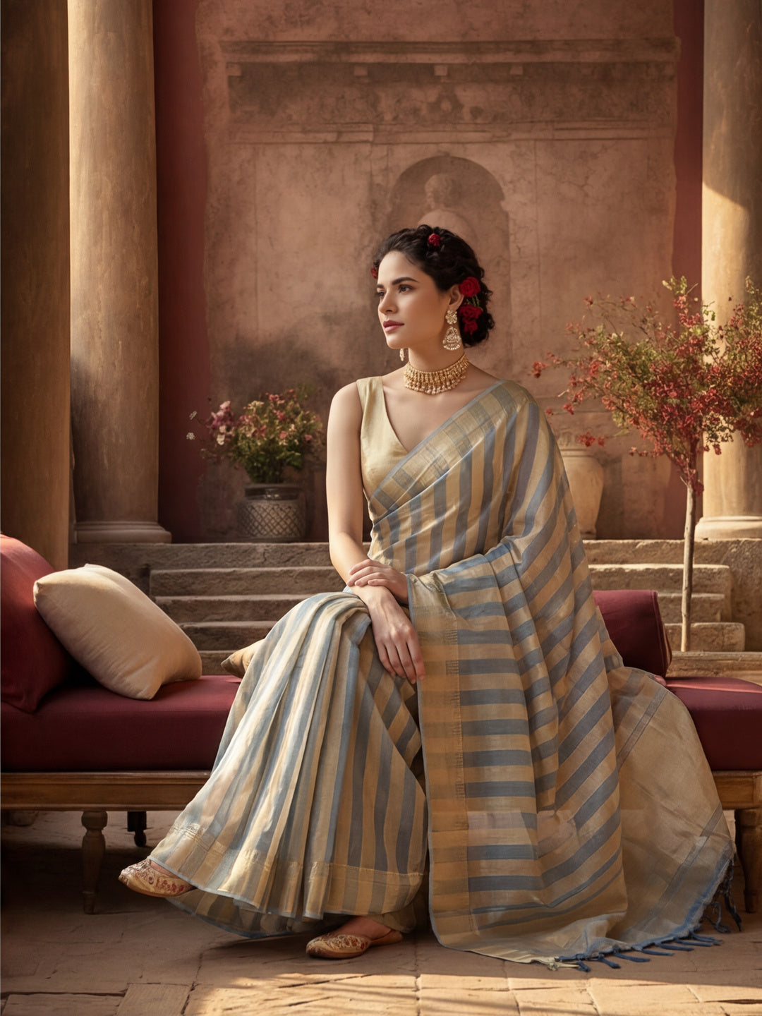 Striped Embellished Banarasi Organza Saree