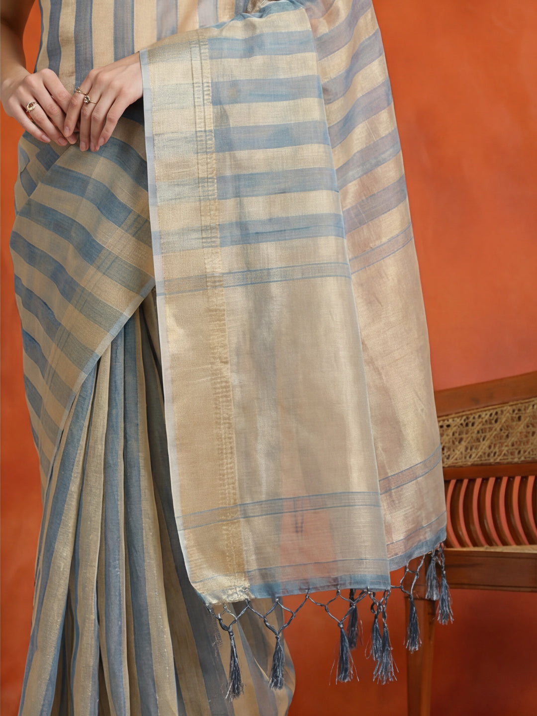 Striped Embellished Banarasi Organza Saree