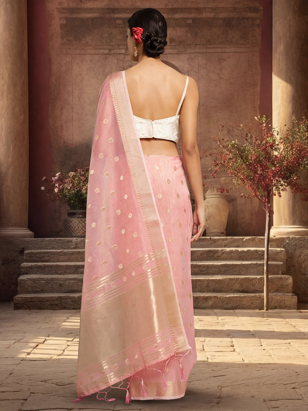 Women's Pink Colour Jacquard Khadi Organza Fabric Weaving Work Saree