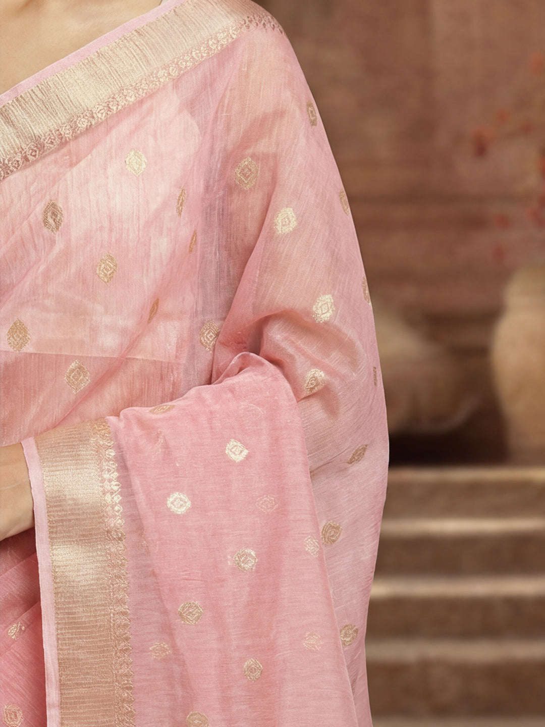Women's Pink Colour Jacquard Khadi Organza Fabric Weaving Work Saree