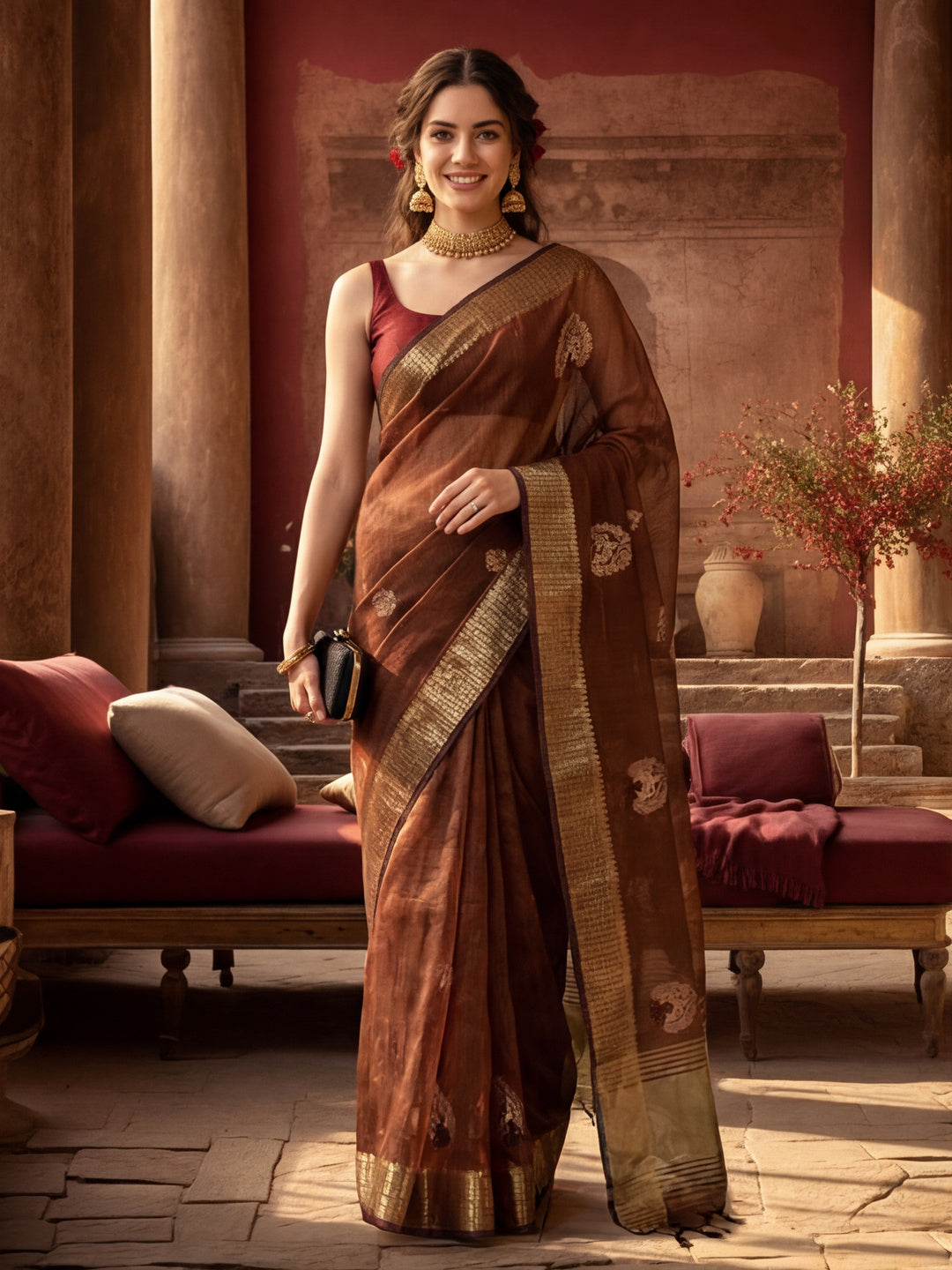Women's Brown Colour Khadi Organza Fabric Embroidered Work Saree