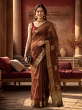Women's Brown Colour Khadi Organza Fabric Embroidered Work Saree