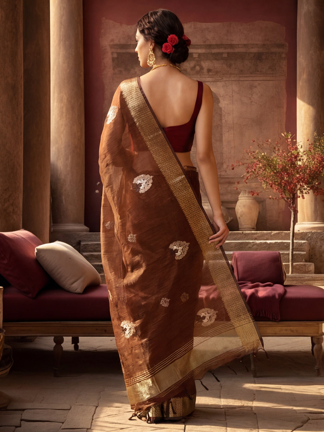 Women's Brown Colour Khadi Organza Fabric Embroidered Work Saree