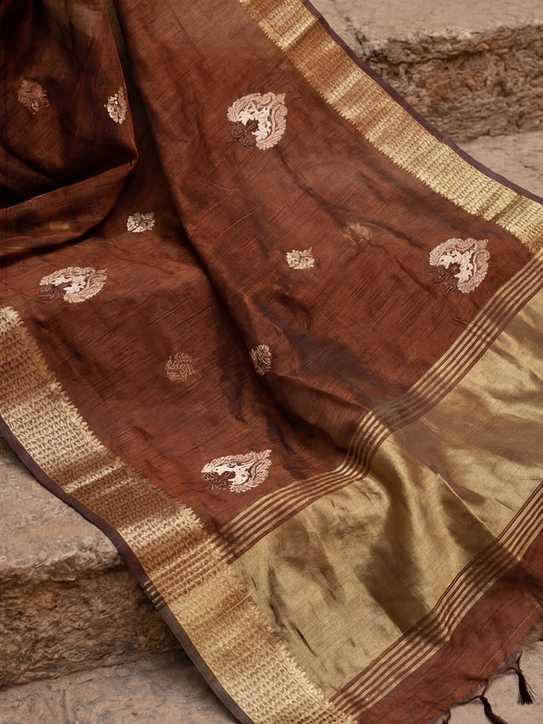 Women's Brown Colour Khadi Organza Fabric Embroidered Work Saree