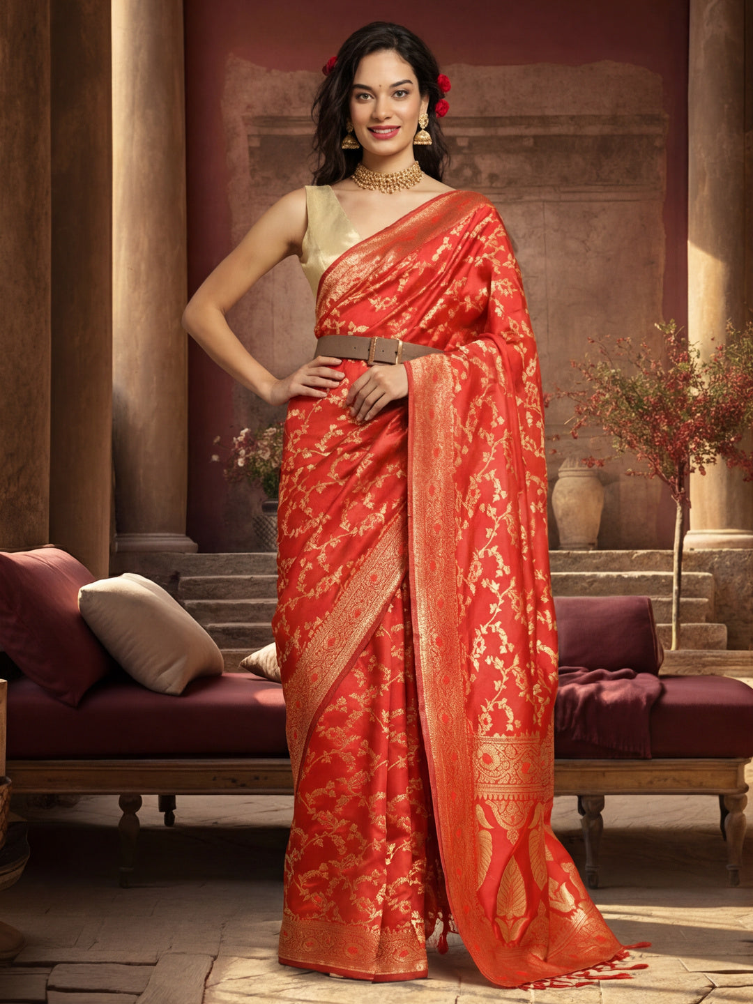 Women's Red Colour Designer Weaving Work Saree