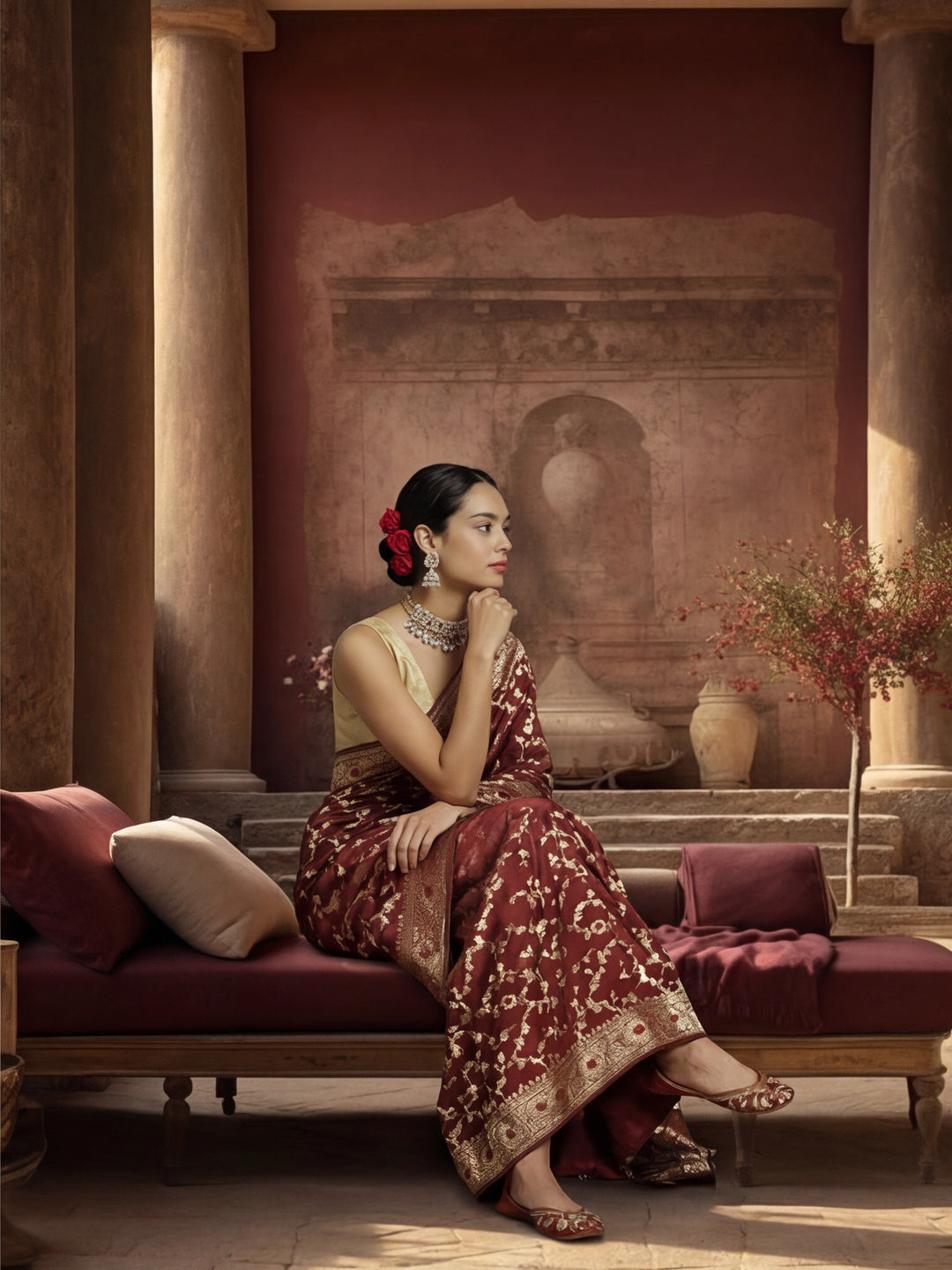 Women's Designer Weaving Work Maroon Saree