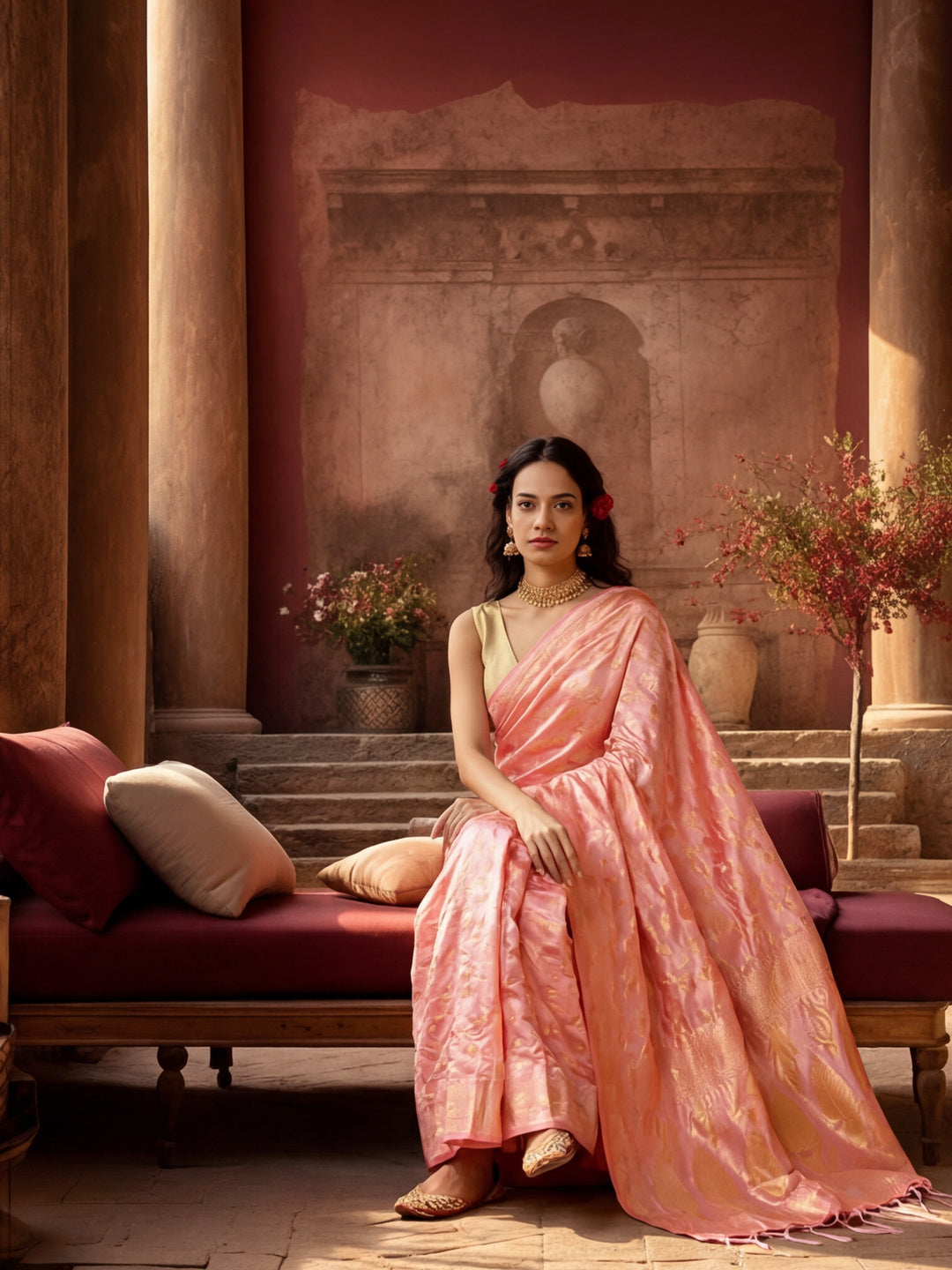 Blushing Beauty: Weaving Work Banarasi Silk Saree